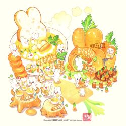  +_+ animal animal-themed_food blush bowl bread bread_slice carrot carrot_slice chibi chibi_only commentary_request copyright_notice cushion cutting eating food garden heart heart-shaped_mouth holding holding_bowl holding_spoon knife korean_commentary no_humans on_cushion original partially_submerged rabbit sign soup sparkle spoken_heart spoon steam sweatdrop talbi tree_stump watermark 