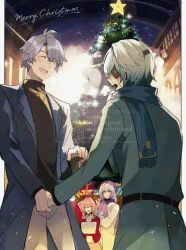  2boys 2girls ahoge anaxa_(honkai:_star_rail) black_sweater blue_coat blue_scarf blurry blush bokeh building castorice_(honkai:_star_rail) christmas_tree closed_eyes coat commentary cup depth_of_field disposable_coffee_cup disposable_cup eyepatch gift green_coat green_hair hat highres holding holding_cup holding_hands honkai:_star_rail honkai_(series) hyacine_(honkai:_star_rail) implied_yaoi jacket long_sleeves looking_at_another merry_christmas multiple_boys multiple_girls open_mouth outdoors phainon_(honkai:_star_rail) phainon_(luckin_coffee)_(honkai:_star_rail) pointy_ears purple_hair purple_hat red_hat red_jacket scarf sekken88 shirt simple_background smile sweater violet_eyes watermark waving white_background white_coat white_shirt 