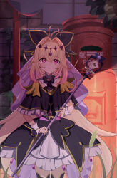  1girl absurdres antenna_hair black_bow black_bowtie black_capelet black_dress black_thighhighs blonde_hair bow bowtie brooch capelet closed_mouth commentary cowboy_shot cure_arcana_shadow diamond_hairband dress frilled_capelet frilled_cuffs frilled_dress frills gradient_hair hair_bow hair_intakes heart heart_brooch highres holding holding_staff jewelry layered_dress light_frown long_hair looking_at_viewer magical_girl medium_dress meitantei_precure! moria_luluka multicolored_hair pink_eyes postbox_(outgoing_mail) precure purple_veil shade solo staff standing tear_arcana_rod thigh-highs umiru veil violet_eyes 