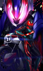2boys absurdres building city_lights code_zeroider commentary english_commentary glowing glowing_eyes highres kamen_rider kamen_rider_dawn kamen_rider_zeztz kamen_rider_zeztz_(physicam_impact) kamen_rider_zeztz_(series) leaning_against_motorcycle male_focus motor_vehicle motorcycle multiple_boys night reiei_8 signature tokusatsu zeztz_driver