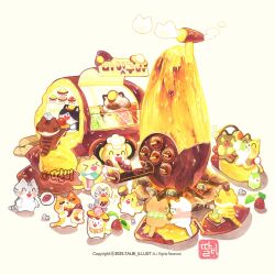  >_< +_+ animal bear blush cat chibi chibi_only commentary_request cooking copyright_notice drink_carton eating firewood food hat holding holding_drink_carton holding_spoon ice_cream ice_cream_scoop_(utensil) korean_commentary leaf menu milk_carton no_humans original oversized_food oversized_object roasted_sweet_potato roasting rock scarf sign sitting_on_food smile smoke spoon sweet_potato talbi watermark 