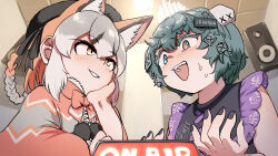  2girls animal_ears blue_eyes blush brown_hair cape dress extra_ears fox_ears fox_girl green_hair grey_hair hair_ornament hat heterochromia highres indie_virtual_youtuber indoors island_fox_(kemono_friends) itopoid kemono_friends kemono_friends_v_project long_hair mcgunngu multiple_girls nail_polish necktie ribbon short_hair sleeveless sweat upper_body virtual_youtuber yellow_eyes 