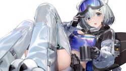  1girl animal_ears arknights arknights:_endfield aurora_(arknights) bear_ears bear_girl black_gloves blue_eyes crop_top gloves goggles goggles_on_head grey_gloves hand_on_goggles highres logo looking_at_viewer official_art paw_shoes short_hair shycocoa simple_background snowshine_(arknights) solo third-party_source white_background white_hair 