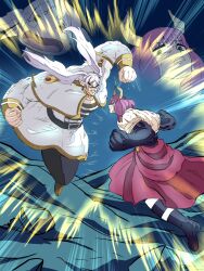  aura_(sousou_no_frieren) aura_bullying_(meme) backless_dress backless_outfit belt black_belt black_boots black_dress black_gloves blank_eyes blue_eyes boots broly_(dragon_ball_z) broly_(dragon_ball_z)_(cosplay) brown_boots cosplay crying crying_with_eyes_open demon demon_girl demon_horns dragon_ball dragon_ball_z dress earrings elf fighting frieren gloves highres horns jewelry legendary_super_saiyan long_hair m_s_paragus meme muscular pantyhose parody pink_hair pointy_ears skirt son_goku son_goku_(cosplay) sousou_no_frieren super_saiyan tears teeth twintails white_dress white_eyes white_hair 