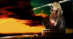  2girls anchovy_(girls_und_panzer) anzio_military_uniform black_jacket black_ribbon black_shirt breasts brown_eyes brown_hair commentary_request cup drill_hair eyes_visible_through_hair girls_und_panzer green_hair grey_jacket hair_between_eyes hair_ribbon hand_on_another's_shoulder highres holding holding_cup jacket kuromorimine_military_uniform large_breasts long_sleeves medium_breasts military military_jacket military_uniform military_vehicle mizutamari_mari motor_vehicle mug multiple_girls nishizumi_maho on_tank open_hatch red_eyes red_shirt ribbon shirt smile sunset tank tiger_i twin_drills twintails 