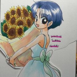  1girl :d bare_shoulders black_eyes blue_dress blue_hair bouquet colored_skin dated dress flower holding holding_bouquet looking_back moitasu photo_(medium) ranma_1/2 short_hair smile solo sunflower tendou_akane traditional_media 