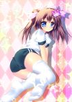  1girl artist_request ass bloomers blue_eyes blush bow brown_hair buruma copyright_request feet fukuda_shuushi gym_uniform hair_bow hair_ribbon highres looking_at_viewer looking_back ribbon simple_background smile thighhighs twintails 