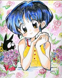  absurdres bare_shoulders brown_eyes closed_mouth commission floral_print floral_print_kimono flower highres japanese_clothes kimono oceaninspace pig pink_flower print_kimono ranma_1/2 short_hair smile tendou_akane traditional_media upper_body 