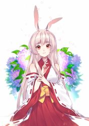  1girl aki_(sasucchi95) animal_ears bare_arms bare_shoulders belt bow breasts closed_mouth commentary commission cowboy_shot cutout_eyelashes detached_sleeves english_commentary fingernails floral_background flower grey_hair hair_between_eyes hand_on_own_arm hands_up high-waist_skirt highres japanese_clothes kimono leaf long_hair long_sidelocks long_skirt looking_at_viewer medium_breasts orange_eyes original petals pleated_skirt purple_flower rabbit_ears rabbit_girl red_skirt red_sleeves red_trim sidelocks sitting skirt sleeveless sleeveless_kimono smile solo tareme three-quarter_sleeves two-sided_sleeves ultracat very_long_hair white_kimono white_petals white_sleeves wide_sleeves yellow_belt yellow_bow 