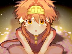  1boy :o brown_hair circlet commentary_request highres long_hair looking_up male_focus open_mouth orange_eyes petals pink_petals saiyuki sitting sleeveless solo son_goku_(saiyuki) yamada_otaa 