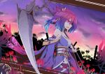  alternate_hairstyle bare_shoulders breasts cleavage detached_sleeves dutch_angle embellished_costume flower hair_ornament highres ichiyan japanese_clothes large_breasts obi onozuka_komachi ponytail red_eyes red_hair redhead scythe short_hair solo sunset touhou weapon 