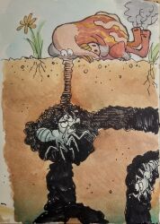  bug cartoonspider commentary dirt durant english_commentary flower grass heatmor highres no_humans pokemon pokemon_(creature) pokemon_focus smoke toon_(style) traditional_media underground yellow_flower 