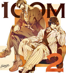  2boys beard black_hair black_shirt black_suit commentary_request copyright_name cover cover_page doujin_cover facial_hair highres hyakuemu kaidou_(hyakuemu) male_focus multiple_boys necktie shinxxx000 shirt shoes sitting striped_suit suit sunglasses zaitsu_(hyakuemu) 