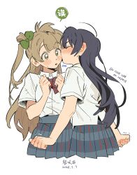  2girls :o ^^^ ahoge antenna_hair arched_bangs black_hair blonde_hair blue_bow blue_bowtie blue_skirt blush bow bowtie clenched_hands closed_eyes commentary dated english_text from_behind green_bow hair_bow highres kiss kissing_cheek long_hair love_live! love_live!_school_idol_project messy_hair minami_kotori minamip mixed-language_text multiple_girls nose_blush one_side_up open_mouth plaid_bow plaid_bowtie plaid_clothes pleated_skirt red_bow red_bowtie romaji_text shirt short_sleeves signature simple_background skirt sonoda_umi surprise_kiss surprised sweatdrop translation_request upper_body v-shaped_eyebrows very_long_hair white_background white_shirt yellow_eyes yuri 