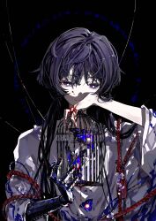  1boy absurdres alternate_hair_length alternate_hairstyle ateveryone birdcage black_border black_hair blood blood_on_face border bright_pupils bug butterfly butterfly_wings cage closed_mouth eyeliner flower genshin_impact hair_over_shoulder halo hands_up highres holding insect_wings japanese_clothes kimono long_hair looking_at_object makeup male_focus mechanical_hands portrait purple_butterfly purple_flower purple_halo red_eyeliner red_rope rope scaramouche_(genshin_impact) scaramouche_(kabukimono)_(genshin_impact) single_mechanical_hand solo straight-on tassel three-quarter_sleeves tsurime violet_eyes white_kimono white_pupils white_sleeves wings 