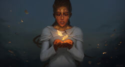  1girl arcane:_league_of_legends armor blurry blurry_background closed_eyes colored_veins dark-skinned_female dark_skin dreadlocks dress english_commentary fire floating glitter glitter_makeup glowing glowing_veins gold_armor gold_tattoo grey_background hair_up hands_up highres hood hood_down league_of_legends light_particles long_hair long_sleeves makeup mel_(league_of_legends) official_alternate_costume outdoors parted_lips red_lips shade shoulder_plates solo standing starklike34 upper_body very_dark_skin white_dress 