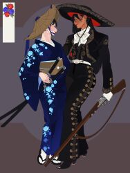  2girls amigasa arm_around_waist belt black_hair black_hat blue_kimono charro commentary dark-skinned_female dark_skin english_commentary floral_print floral_print_kimono gloves gun hat high_heels highres holding holding_gun holding_weapon interracial japanese_clothes katana kimono mexican_clothes mole mole_under_eye multiple_girls original print_kimono rifle sandals scabbard sheath smile sombrero straw_hat sword thetrashbinoverthere weapon white_gloves yuri 