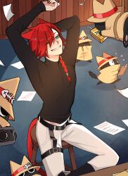  1boy absurdres animal_ears belt black_shirt blue_eyes boots bread camera caspurr_catacini cat_boy cat_ears cat_tail coat drink_carton fish_skeleton flying_sweatdrops food gigglepox hat highres holding holding_juice_box indie_virtual_youtuber juice_box on_stool one_eye_closed paper red_hair rope shirt smile stool stretching tail trench_coat turtleneck virtual_youtuber 