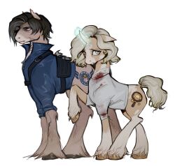 1boy 1girl alternate_universe animalization bandaged_neck bandages blonde_hair blue_shirt brown_hair closed_mouth commentary english_commentary full_body furrowed_brow grace_ashcroft grey_eyes grey_hair highres horse_boy horse_girl leon_s._kennedy magnifying_glass multicolored_hair my_little_pony parted_lips police police_uniform resident_evil resident_evil_requiem shirt streaked_hair unicorn wavy_hair white_background white_shirt zombiyh 