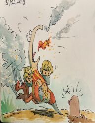  breath_weapon breathing_fire cartoonspider commentary dated diglett dirt english_commentary fire heatmor highres no_humans open_mouth pokemon pokemon_(creature) pokemon_focus scared smoke sound_effects tongue toon_(style) traditional_media 