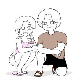  braid braided_ponytail brown_shirt closed_mouth crossed_arms highres jia_han kkamziru kneeling long_hair looking_at_viewer non-web_source open_mouth parted_bangs pink_shirt sandals shirt short_hair shorts sleeveless sleeveless_shirt slippers smile spicy_couple squatting 