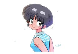  1girl :> bare_shoulders brown_eyes closed_mouth commentary grey_hair looking_back ranma_1/2 short_hair smile solo sweat tendou_akane untranslatable_commentary wanta_(futoshi) white_background 