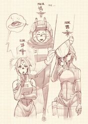  3girls ^_^ android ara_(signalis) closed_eyes commentary_request cowboy_shot cropped_legs facial_mark facing_viewer forehead_mark grid_background hand_on_headwear kolibri_(signalis) looking_at_viewer monochrome multiple_girls mynah_(signalis) nika_7o7 one_eye_covered open_mouth short_hair signalis simple_background speech_bubble standing thought_bubble 