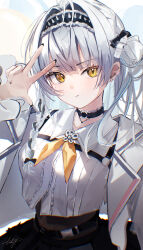  1girl absurdres belt_around_waist black_bow black_nails black_skirt bow braid breasts chromatic_aberration close-up collared_shirt crop_top ear_piercing frilled_hairband frills furrowed_brow ginjo_saine hair_bow hair_intakes hairband hashtag-only_commentary highres layered_shirt light_blush light_frown long_hair looking_at_viewer mole mole_under_eye muchi2p neck_garter neckerchief piercing shirt simple_background skirt small_breasts solo tsurime upper_body vspo! w w_over_head white_background white_shirt yellow_eyes yellow_neckerchief 