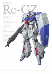  aoi_onion beam_rifle char's_counterattack character_name commentary_request earth_federation earth_federation_space_forces emblem energy_gun english_text exposed_internal_machinery green_eyes gundam highres insignia mecha mecha_focus mobile_suit no_humans original radio_antenna re-gz redesign robot roundel science_fiction shield stats weapon white_background 