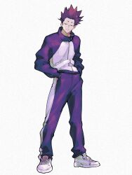  1boy full-length_zipper full_body haikyuu!! hands_in_pockets highres looking_at_viewer male_focus purple_track_suit red_hair shoes short_hair simple_background smile solo tendou_satori tkr_241 track_suit white_background white_shoes zipper zipper_pull_tab 
