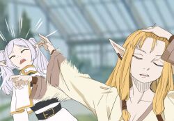  2girls adjusting_hair blonde_hair braid closed_eyes collarbone earrings elf frieren hand_on_own_head hitting jewelry jujutsu_kaisen long_hair meme multiple_girls naoya_hitting_choso_without_looking_(meme) open_mouth parody pointy_ears serie_(sousou_no_frieren) smaragdus sousou_no_frieren twin_braids twintails white_hair 