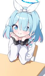  1girl absurdres aqua_hair arona_(blue_archive) black_sailor_collar blue_archive blue_eyes bluetea1024 blush braid closed_mouth commentary_request desk eyes_visible_through_hair hair_between_eyes highres long_sleeves looking_at_viewer pink_hair sailor_collar school_desk shirt simple_background smile solo white_background white_shirt 