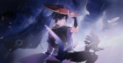  1boy absurdres arm_at_side armor bird bishounen black_bodysuit black_hair black_kimono black_mask black_shorts black_sleeves black_veil blunt_ends bodysuit chongyi2111 commentary_request eyelashes from_behind furisode genshin_impact gold hat highres japanese_armor japanese_clothes jewelry jingasa juban kimono kote kurokote layered_sleeves looking_to_the_side male_focus mask_on_hat neck_ring outdoors overcast purple_sash purple_sleeves rain red_hat red_kimono red_sash sash scaramouche_(genshin_impact) shorts sideways_mouth sky solo string tilted_headwear veil violet_eyes white_kimono white_mouth 