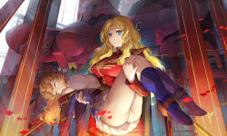 2girls absurdres amuro_ray blonde_hair blue_eyes boots brown_hair carrying char's_counterattack char_aznable earth_federation genderswap genderswap_(mtf) gundam highres holding jacket long_hair long_sleeves military military_uniform multiple_girls noisi petals princess_carry robot sazabi science_fiction skirt unconscious wavy_hair