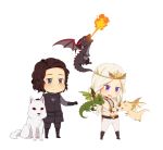  1girl a_song_of_ice_and_fire black_eyes black_hair breasts chibi cleavage crown daenerys_targaryen dragon drogon ghost_(a_song_of_ice_and_fire) highres jewelry jon_snow long_hair necklace purple_eyes red_eyes rhaegal violet_eyes viserion white_hair wolf 