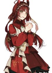  1girl absurdres ahoge animal_ears blunt_bangs blunt_ends blunt_sidelocks blush commentary dress frilled_hairband frills hair_between_eyes hairband highres horse_ears horse_girl layered_hair long_hair long_sleeves looking_at_viewer open_mouth own_hands_clasped own_hands_together red_desire_(umamusume) red_dress red_hair red_hairband red_headdress red_veil sidelocks simple_background smile solo star_ornament tachyuri umamusume veil white_background yellow_eyes 