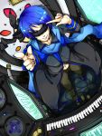  :q bad_id blindfold blue_hair from_above highres instrument kaito keyboard_(instrument) male scarf smile solanin_(konomikann) solo tongue vocaloid 