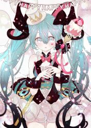 1girl aqua_eyes aqua_hair black_dress blush breasts card commentary_request dress gloves hair_between_eyes hair_ornament happy_birthday hat hatsune_miku headset highres holding holding_card holding_microphone inuyama_riko long_hair looking_at_viewer magical_mirai_(vocaloid) magical_mirai_miku magical_mirai_miku_(2019) medium_breasts microphone miku_day mini_hat mini_top_hat official_alternate_costume official_alternate_hairstyle open_mouth solo star-shaped_pupils star_(symbol) symbol-shaped_pupils tilted_headwear top_hat twintails very_long_hair vocaloid white_gloves 