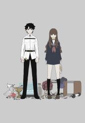  1boy 1girl arms_at_sides belt black_belt black_pants black_socks blue_eyes brown_eyes brown_hair brown_shoes chaldea_logo chaldea_uniform chewing closed_mouth clutter command_spell commentary_request dumbbell fate/extra fate/extra_ccc fate/grand_order fate_(series) flower flower_pot food_in_mouth fork fujimaru_ritsuka_(male) full_body grey_background holding holding_fork holy_grail_(fate) kishinami_hakuno_(female) kneehighs long_hair long_sleeves looking_at_viewer miniskirt mushi_(gooooooon) pants red_flower red_rose red_serafuku rose school_uniform serafuku shirt shoes short_hair skirt socks standing tsukumihara_academy_uniform_(fate/extra_ccc) white_shirt 