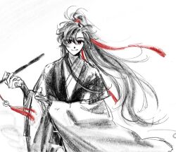 1boy ahoge black_hanfu chenqing_flute chinese_clothes closed_mouth dizi floating_hair flute flute_tassel hair_over_one_eye hair_ribbon hanfu high_ponytail holding holding_flute holding_instrument instrument long_hair long_sleeves looking_at_viewer male_focus melmerry modao_zushi monochrome ponytail red_eyes red_ribbon ribbon robe sash sidelocks simple_background smile solo spot_color tassel traditional_media transverse_flute upper_body very_long_hair wei_wuxian white_background wide_sleeves wind 