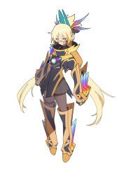 1girl black_coat black_dress black_gloves black_pantyhose blonde_hair boots capsems closed_mouth coat commentary dress full_body genderswap genderswap_(mtf) gloves goz-zz highres kamen_rider kamen_rider_zeztz kamen_rider_zeztz_(series) kamen_rider_zeztz_plasma_booster long_hair long_sleeves looking_at_viewer multicolored_hair pantyhose pleated_dress rider-tan rider_belt short_dress shoulder_belt simple_background solo standing thigh_boots thigh_strap very_long_hair white_background yellow_boots yellow_eyes zeztz_driver