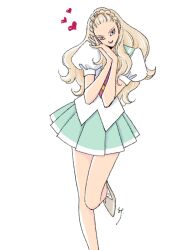  1girl aqua_skirt blonde_hair braid commentary crown_braid heart highres kiryuu_nanami leg_up long_hair ootori_gakuen_school_uniform pleated_skirt puffy_short_sleeves puffy_sleeves school_uniform shirt short_sleeves shoujo_kakumei_utena signature skirt smile solo ssdraw violet_eyes white_background white_shirt 