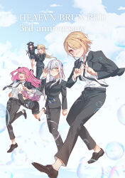  6+girls absurdres adjusting_eyewear aikawa_megumi asakura_karen_(heaven_burns_red) black_hair blonde_hair brown_hair bubble clouds cloudy_sky commentary_request crazycat47 glasses green_eyes grey_hair hair_ornament hair_over_one_eye hairpin heaven_burns_red highres hood hoodie izumi_yuki_(heaven_burns_red) kayamori_ruka kunimi_tama multiple_girls necktie pink_hair red_eyes sky suit toujou_tsukasa v 