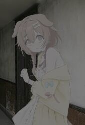  1girl absurdres animal_ears aqua_bow armpit_crease bad_thumbnail bags_under_eyes belt_collar bone_hair_ornament bow braid brown_eyes brown_hair buttons chobles21 collar collared_dress commentary dog_ears dress empty_eyes english_commentary fang fang_out flinch from_side furrowed_brow hair_between_eyes hair_ornament hairclip hallway hand_up highres hololive hololive_gamers indoors inugami_korone jacket jacket_bow long_hair looking_at_viewer low_twin_braids off_shoulder pale_color parallel_hairclips parted_lips paw_pendant pendant_collar photo_background pocket red_bow red_collar red_trim sidelocks single_bare_shoulder solo standing triangle_mouth twin_braids virtual_youtuber white_dress wide-eyed wristband yellow_jacket 