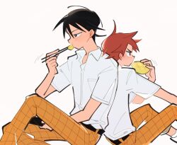  2boys back-to-back black_hair bread chopsticks collared_shirt commentary eating food holding holding_chopsticks holding_food imaizumi_shunsuke male_focus melon_bread multiple_boys naruko_shoukichi o_omome open_collar pants parted_bangs plaid_clothes plaid_pants red_hair school_uniform shirt shirt_tucked_in short_sleeves simple_background spiky_hair untranslatable_commentary white_background white_shirt wing_collar yellow_pants yowamushi_pedal 