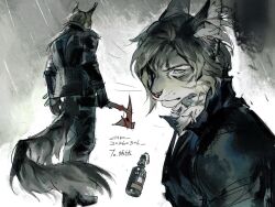  1boy alternate_universe animal_ear_fluff axe black_coat black_pants black_shoes coat commentary dated full_body furry furry_male grey_eyes grey_hair highres holding holding_axe leon_s._kennedy male_focus pants quo_theraven rain resident_evil resident_evil_requiem shoes short_hair snow_leopard_boy snow_leopard_ears snow_leopard_tail solo untranslatable_commentary upper_body 