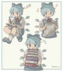  1girl bespectacled blue_bow blue_dress blue_eyes blue_hair blue_shoes book bow chigu cirno commentary_request detached_wings drawing_(action) drawing_(object) dress glasses hair_bow highres holding holding_book holding_newspaper holding_pencil ice ice_wings mary_janes multiple_views newspaper open_mouth pencil pinafore_dress puffy_short_sleeves puffy_sleeves shirt shoes short_sleeves sleeveless sleeveless_dress socks sparkle touhou twitter_username white_shirt white_socks wings 
