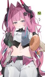  1girl arknights arknights:_endfield belt black_horns blue_eyes blue_streaks blush breasts cowboy_shot crop_top dragon_girl dragon_horns drill_hair empty_eyes hair_intakes hair_on_horn hair_ornament hairpin highres horns large_breasts long_sleeves looking_at_object multicolored_hair multicolored_horns mushroom narrowed_eyes navel open_mouth pants pink_hair pink_horns pointy_ears sideways_glance solo streaked_hair thick_eyebrows tntl_nemui translation_request twin_drills two-tone_horns white_pants yvonne_(arknights) 