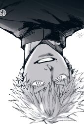  1boy crazy_smile gojou_satoru greyscale highres jujutsu_kaisen jujutsu_tech_uniform kmskc_f looking_at_viewer male_focus monochrome portrait short_hair simple_background smile solo upside-down white_background 