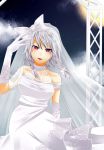  absurdres adjusting_headwear bare_shoulders bow braid cloud clouds dress elbow_gloves full_moon gloves hair_bow hair_ribbon highres hyou_haku izayoi_sakuya looking_at_viewer moon night open_mouth red_eyes ribbon short_hair silver_hair sky smile solo star_(sky) touhou twin_braids veil wedding_dress white_dress white_gloves 
